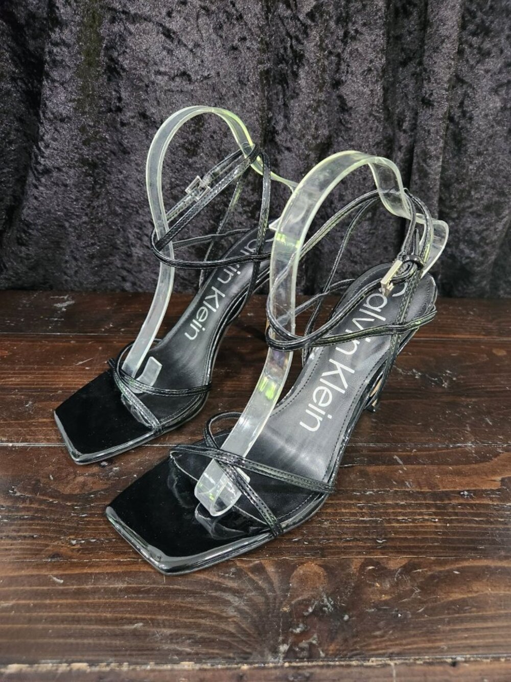 Calvin Klein Tegin Black Patent Strappy Stiletto Heel Sandal/Sz. 9.5M NEW